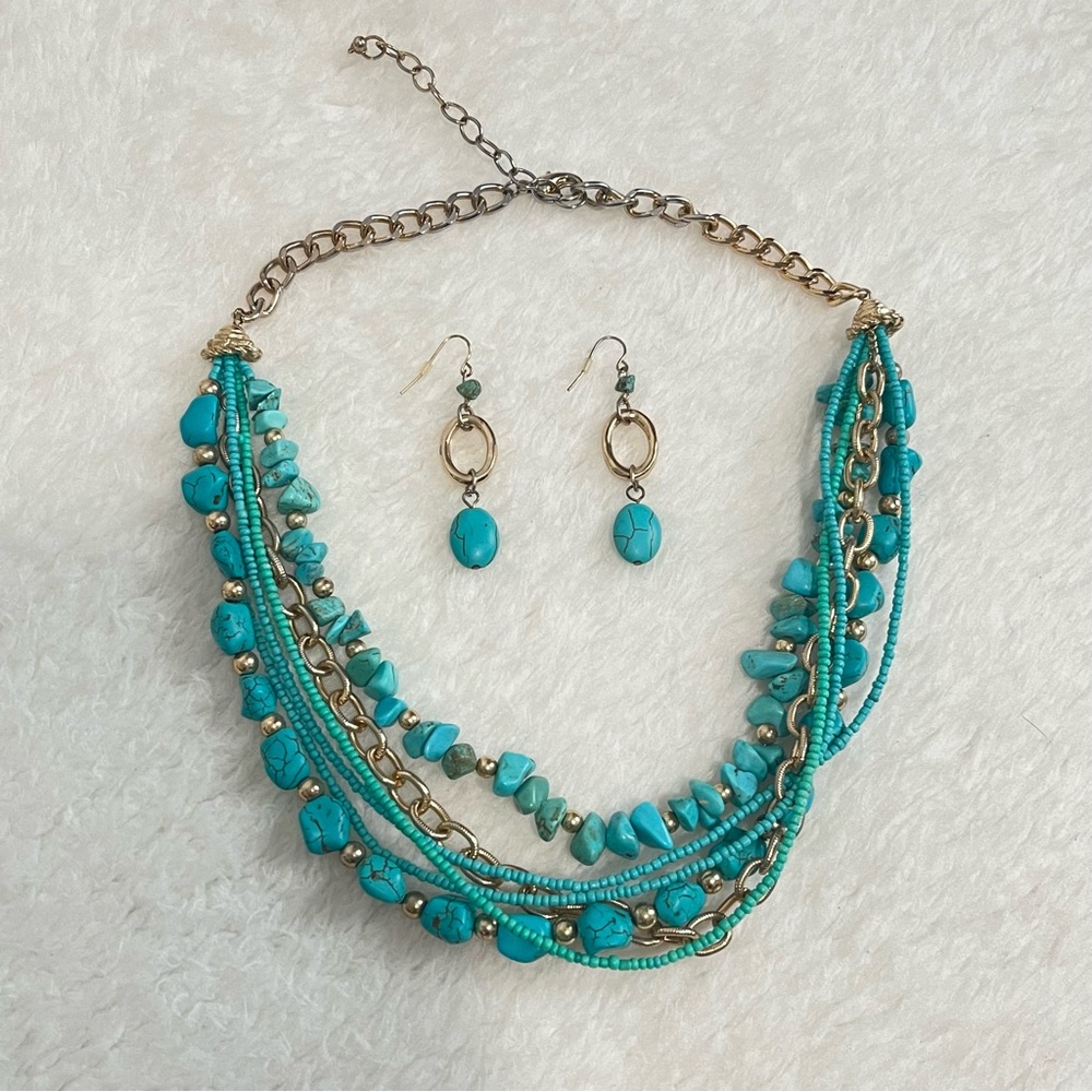 Matching turquoise layered necklace and earrings set - Picture 2 of 9